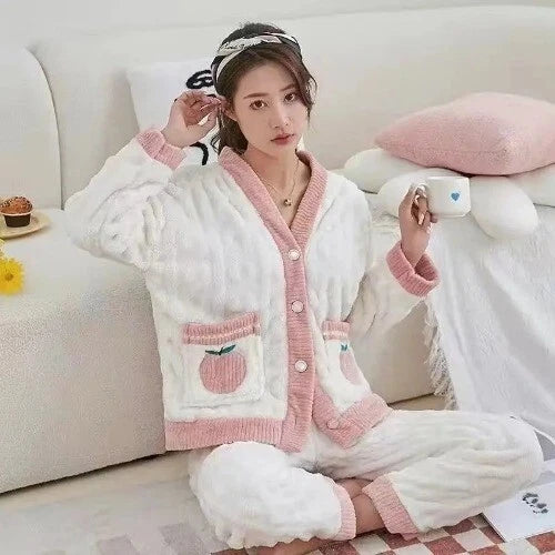 Coral Fleece Pajama Sets Women Single Breasted Turn-down Collar  Elastic Waist