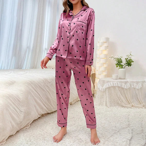 Women Silk Satin Pajamas Set Long Sleeve Button-Down Sleepwear Loungewear Charm