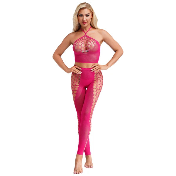 Womens Hollow Out Translucent Lingerie Set Stretchy Fishnet Solid Color Tights