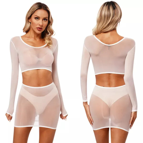 Womens Nightwear Bodycon Clubwear Nylon Outfits Perspective Crop Top Silky Mini