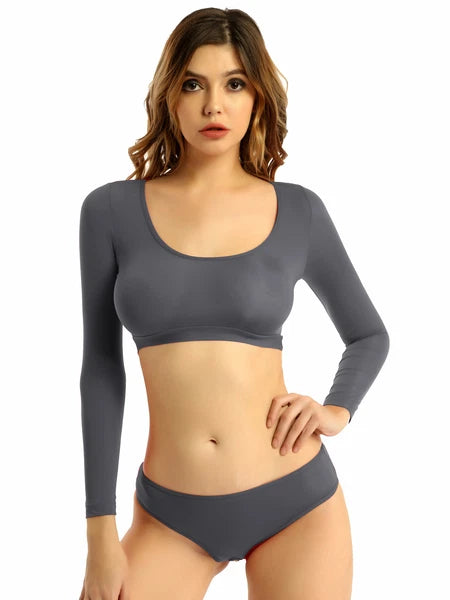 Womens Two-piece Underwear Lingerie Babydoll Long Sleeve Crop Top Brief Clubwear