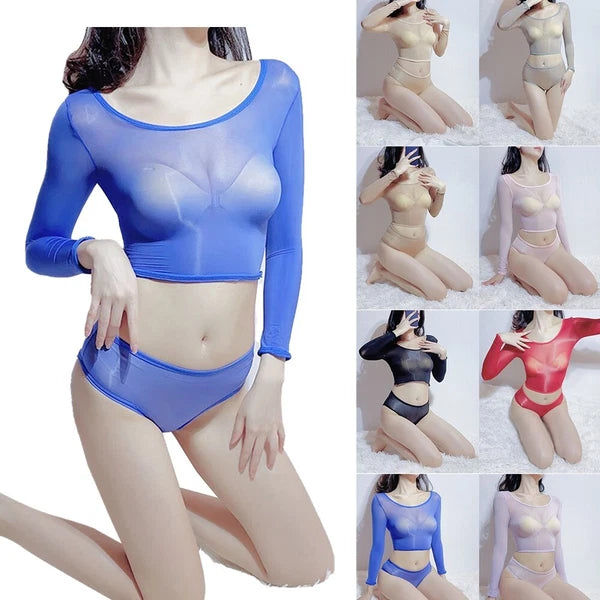 Womens Lingerie Set Slim Fit Crop Top With Briefs Stretchy Nightwear Sheer Sexy