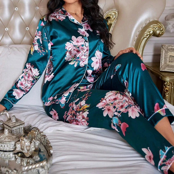 Women Silk Satin Pajamas Set Long Sleeve Button-Down Sleepwear Loungewear Charm