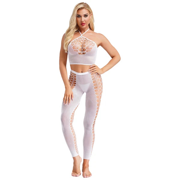 Womens Hollow Out Translucent Lingerie Set Stretchy Fishnet Solid Color Tights