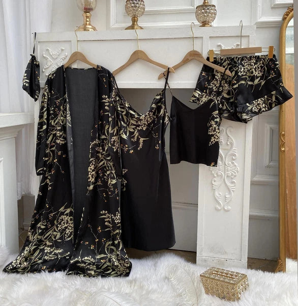 2023 Printed bathrobe pajamas, summer 4-piece set, women's sexy kimono