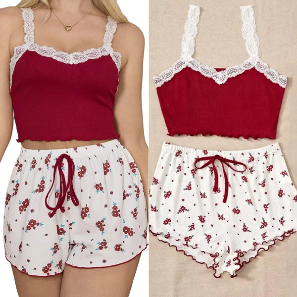 Womens Sexy Lingerie Lace Floral Tank Top+shorts Babydoll Pajamas Set Nightgown