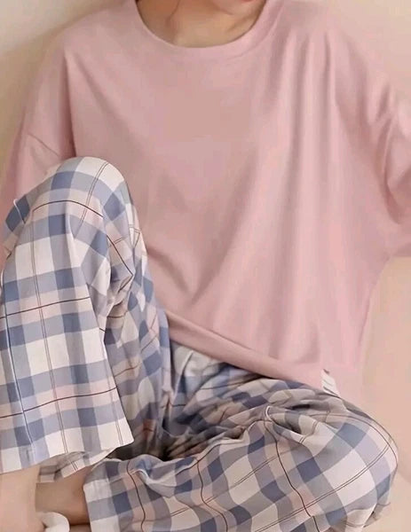 Plaid Print Crew Neck Pyjama Set Casual Long Sleeve Long Bottoms