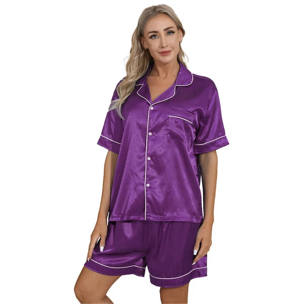 AU Womens Solid Satin Pajamas Set Tops with Shorts 2 Piece Sleepwear Loungewear