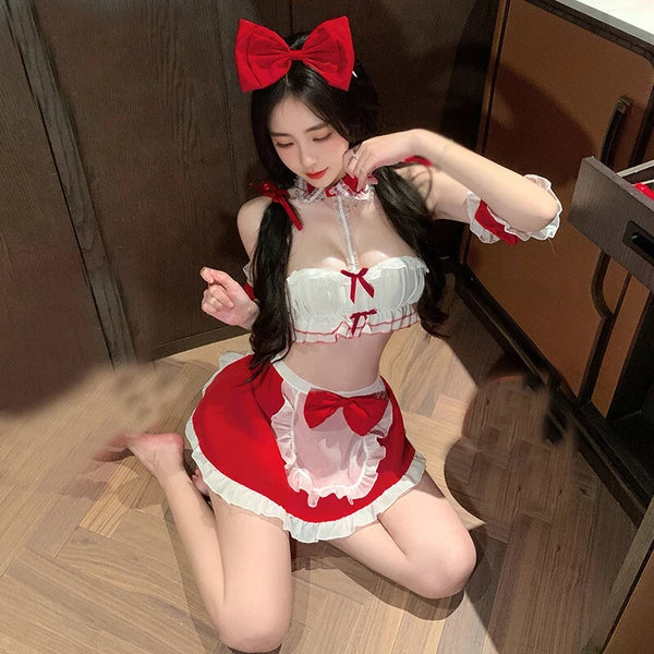 Womens Maid Uniform Sleepwear Costume Lingeries Tops Apron Nightwear Stocking