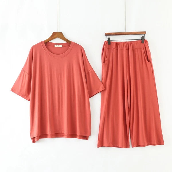 Plus Size XL 150KG Women Modal Pajamas Sets Short Sleeve Top + Calf-Length Pants
