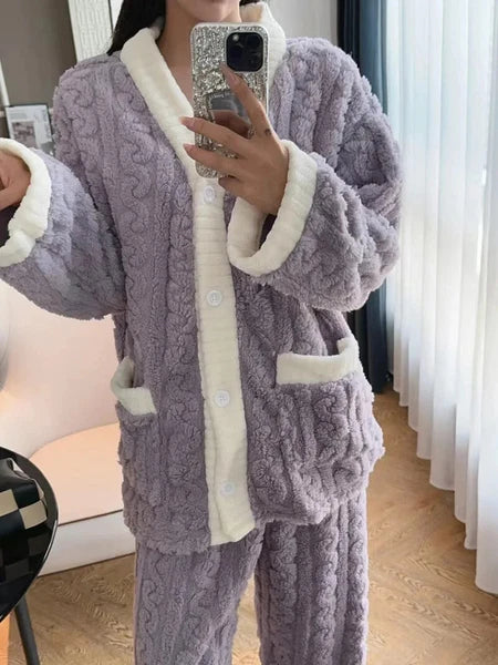 2pcs/Set Autumn and Winter Pajamas Women Thickened Padded Warm Students Coral