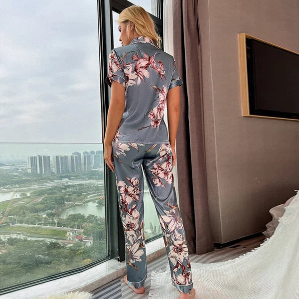 Women's Silk Satin Pajamas Set Short Sleeve Print Sleepwear Nightwear Pyjamas PJ