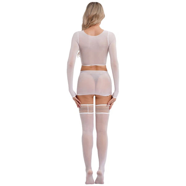 Womens Crop Top And Skirt With Stockings Round Neck Nightwear Tempting Glossy