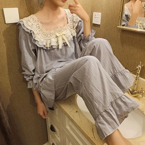 Lolita Flower Embroidery Lace Square Neck Pajama Set  Cotton Grey Pyjamas Set