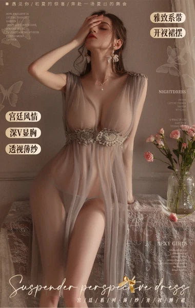 See Through Nightdress Sexy Lingerie Set Dress Embroidery Pajamas Uniform