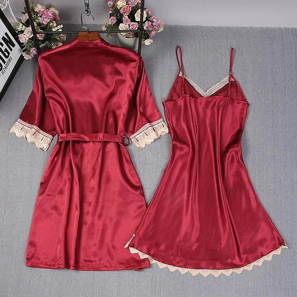 WOMEN'S PLAIN SILK SATIN PAJAMAS ROBE DRESS LINGERIE SLEEPWEAR NIGHTWEAR SET