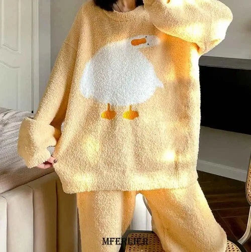 2024 Warm Flannel Pajamas for Women Sweet Velvet Thicken Loose Sleepwear Set