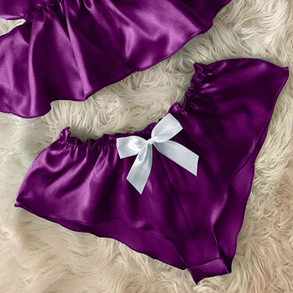 Women Sexy V-Neck Lace Sleepwear Satin Camisole Bowknot Shorts Pajamas 2Sets