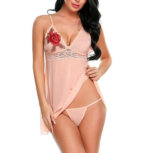 Pink-Women-Sexy-Lingerie-Sleepwear-Lace-Panties-Underwear-Nightwear-Babydoll-Set