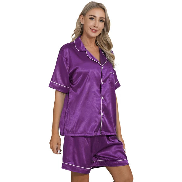 AU Women's Satin Pajamas Short Sleeve Top with Shorts Sleepwear Loungewear Set