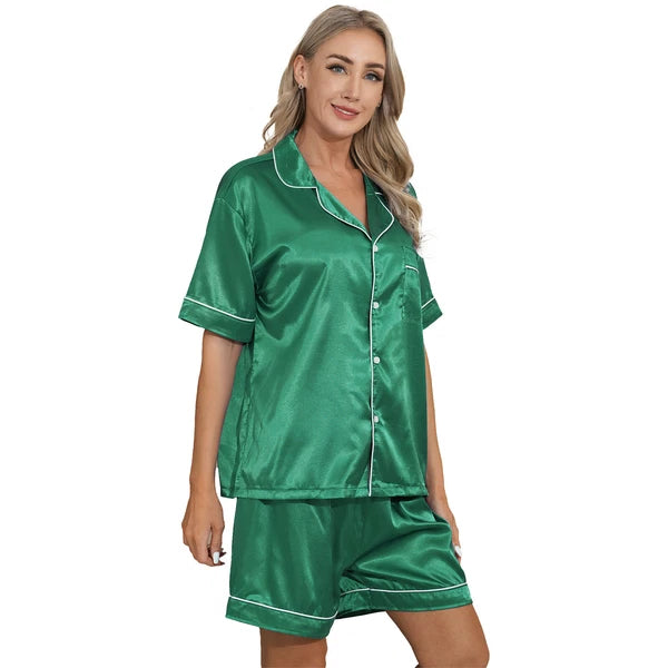 AU Womens Solid Satin Pajamas Set Tops with Shorts 2 Piece Sleepwear Loungewear