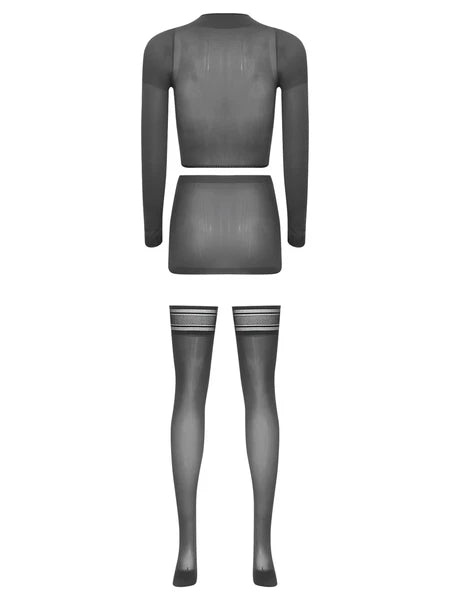 Womens Crop Top And Skirt With Stockings Round Neck Nightwear Tempting Glossy