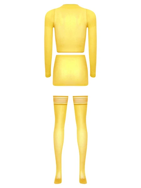 Womens Crop Top And Skirt With Stockings Round Neck Nightwear Tempting Glossy