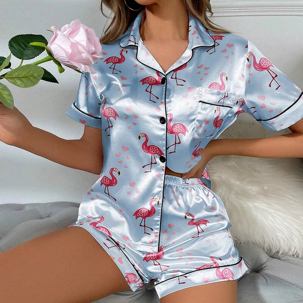 Women's Short Sleeve Silk Pajamas Set Print Satin Sleepwear Homewear Nightwear