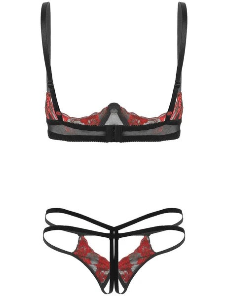 Women Bare Breasts Bra Set Open Crotch G-string Panties Underwire Nightwear