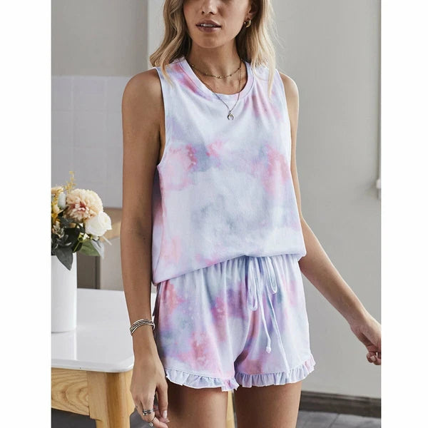 Women Tie Dye Print Summer Pajamas Nightwear Sleepwear Loungewear Tops Short Set