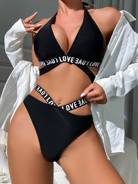 Women Sexy Lingerie Letter Print Belted Bra and Panty 2 Piece Pajamas Set Outfit