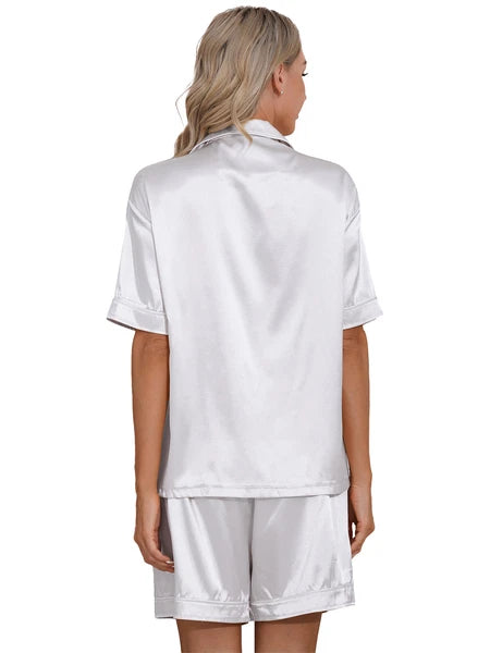 AU Womens Solid Satin Pajamas Set Tops with Shorts 2 Piece Sleepwear Loungewear
