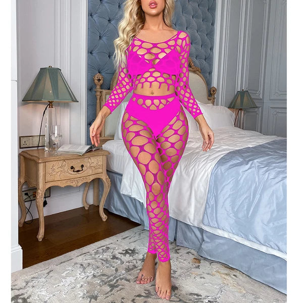 Womens Lingerie Sets Hollow Out See-Through Fishnet Nightwear Crop Top Leggings