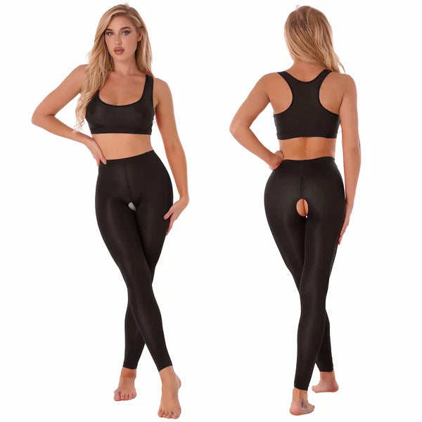 Women 2pcs Lingerie Set Sleeveless Crop Top High Waist Crotchless Leggings Pants