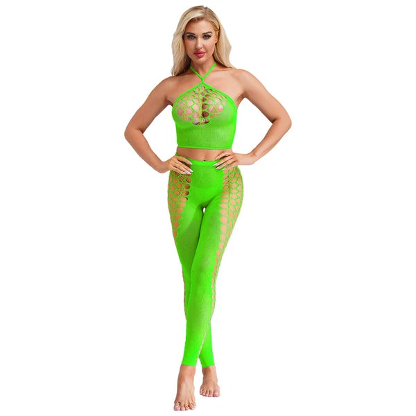 Womens Hollow Out Translucent Lingerie Set Stretchy Fishnet Solid Color Tights