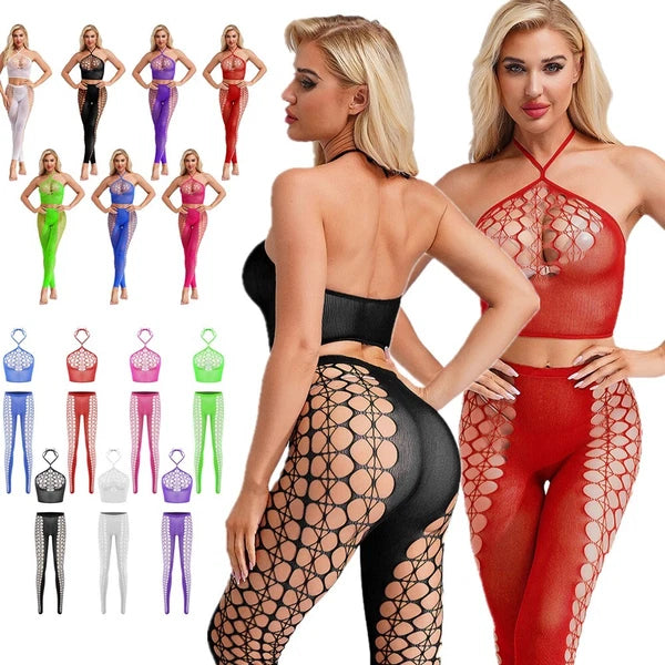 Womens Hollow Out Translucent Lingerie Set Stretchy Fishnet Solid Color Tights
