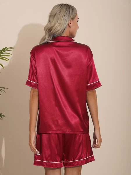 AU Womens Solid Satin Pajamas Set Tops with Shorts 2 Piece Sleepwear Loungewear