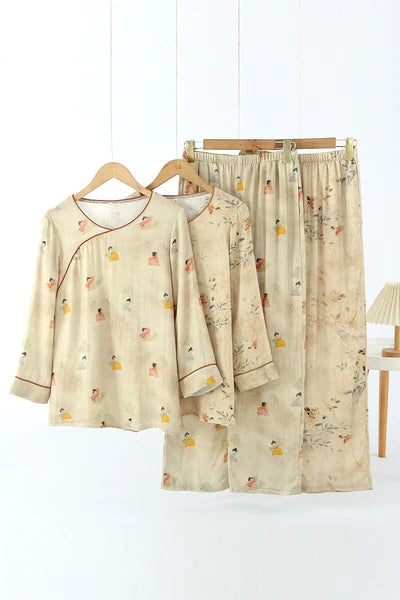 Chinese style Women's Bamboo Fiber Hanfu Summer Long Sleeved Topa & Pants Set