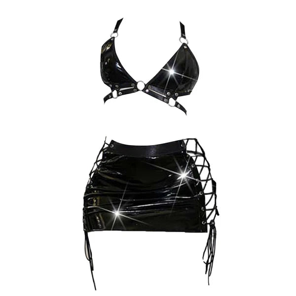 Womens Lingerie Sexy Set Role Play Mini Skirt Wet Look Sleepwear Camisole Bra