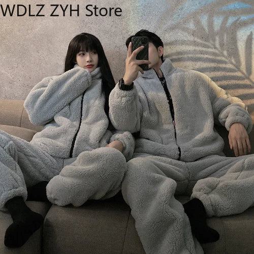 Pajamas Women Coral Fleece Homewear Suit Couple Men Velvet Warm Soft Pajamas Set