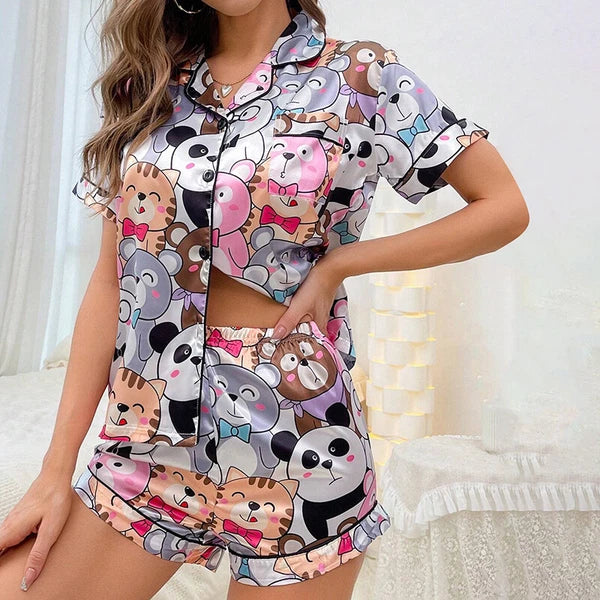 Women's Short Sleeve Silk Pajamas Set Print Satin Sleepwear Homewear Nightwear