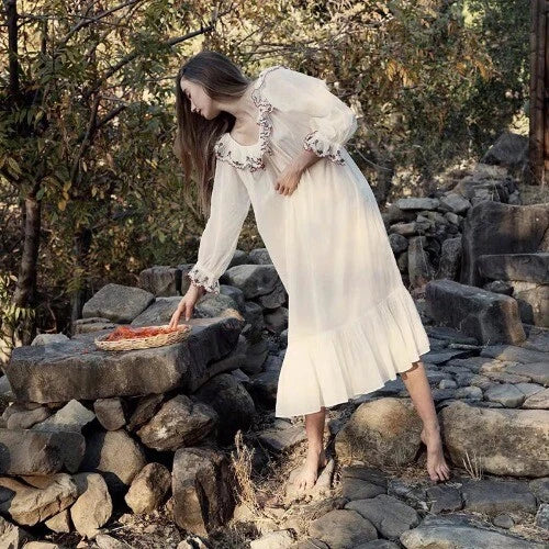 Vintage Women Sleepwear LadiesStrawberry Embroidery Lace  Semitransparent Dress