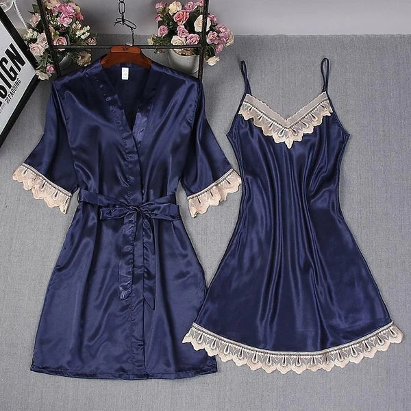 WOMEN'S PLAIN SILK SATIN PAJAMAS ROBE DRESS LINGERIE SLEEPWEAR NIGHTWEAR SET