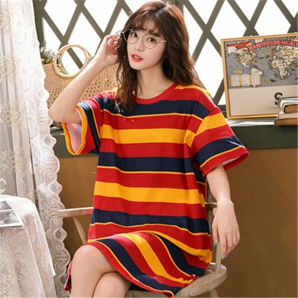 Summer Women's Sleep Shirt Dress Short Sleeve Cotton Casual Nightwear Pajama Set