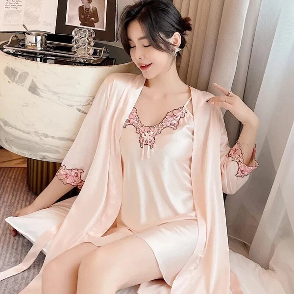 2023 Women's summer short sleeved thin satin pajama robe 2-piece set
