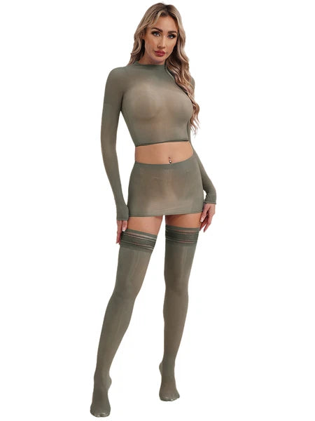 Womens Crop Top And Skirt With Stockings Round Neck Nightwear Tempting Glossy