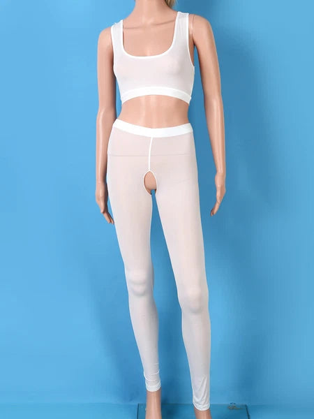 Women 2pcs Lingerie Set Sleeveless Crop Top High Waist Crotchless Leggings Pants