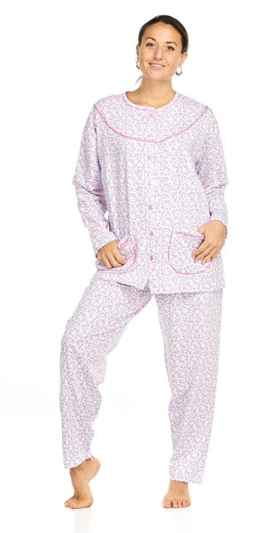 Ladies Pyjama Set Thermal Warm Floral Long Sleeve Buttons Pockets Loungewear