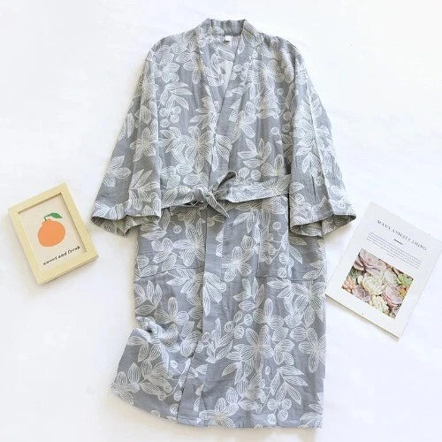 Women's Printed Cotton Loose Fitting Bathrobe Tie Up Sweat Steaming Robes