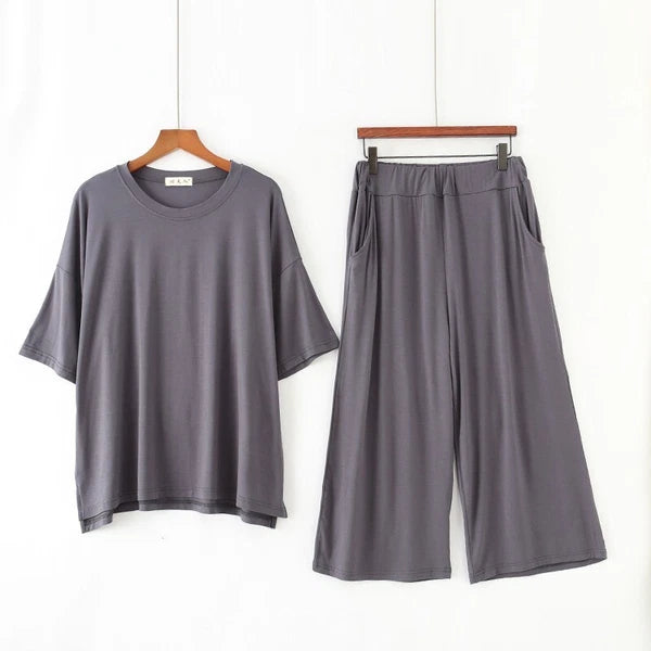 Plus Size XL 150KG Women Modal Pajamas Sets Short Sleeve Top + Calf-Length Pants